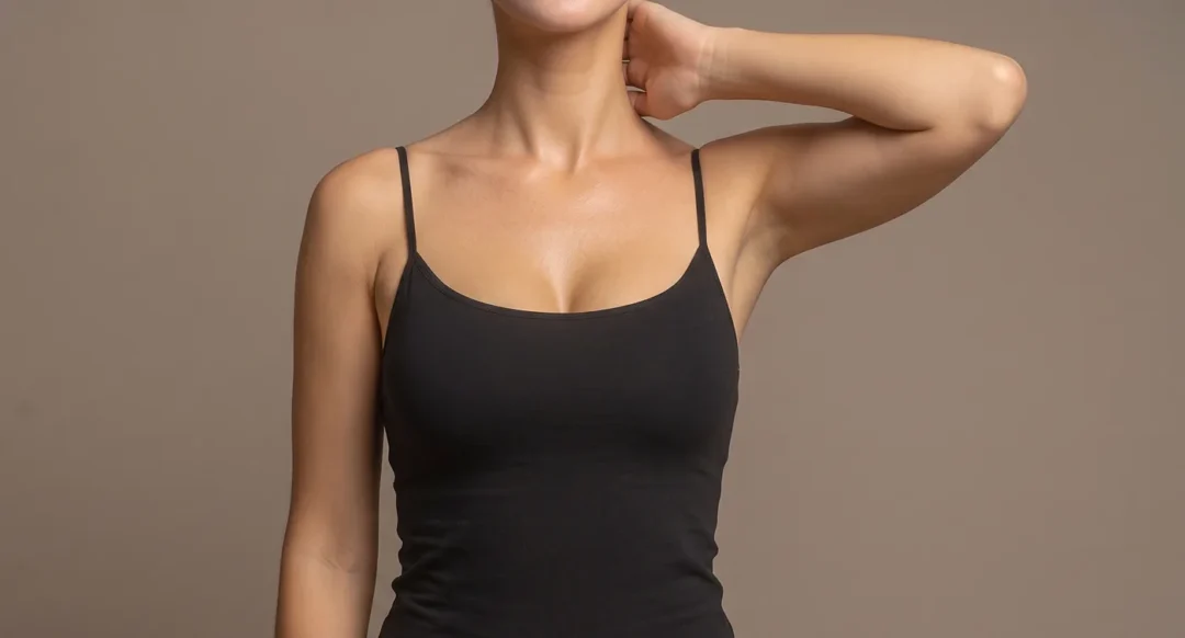 Woman's upper chest and neckline in a black camisole — breast reduction (reduction mammoplasty) with Dr. Mehmet Sürmeli, Istanbul