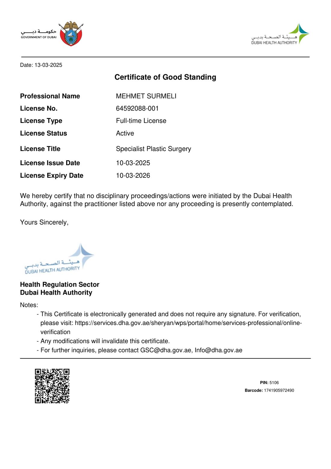 DHA Certificate of Good Standing