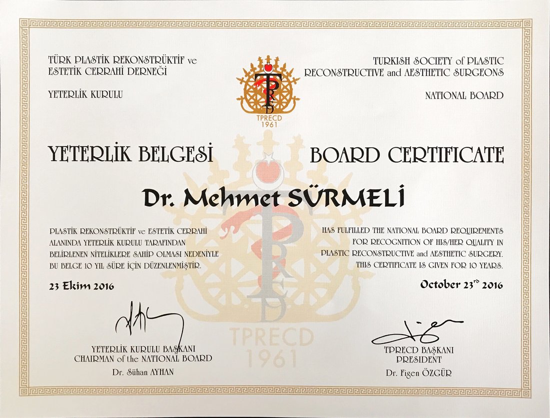 Turkish Board of Plastic, Reconstructive and Aesthetic Surgery — National Board Certificate of Dr. Mehmet Sürmeli, 2016